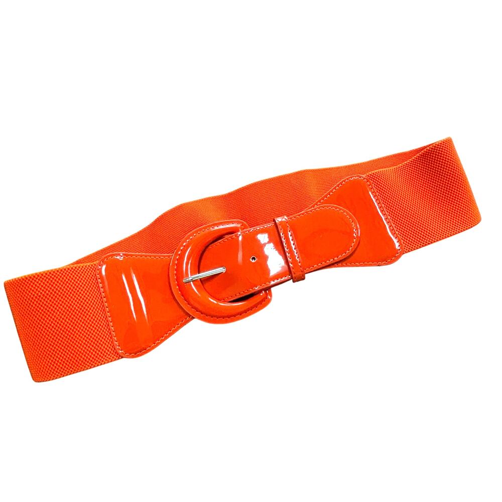 Ladies Wide Orange & patent finish stretch belt bright fashion runway mod OS